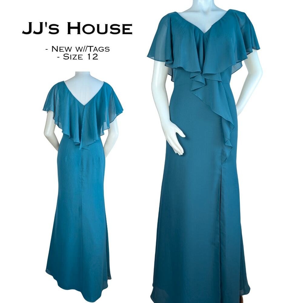 JJ's House Gown Dress 12 Blue Teal Chiffon Flutter Sleeve Ruffle Formal Maxi NEW